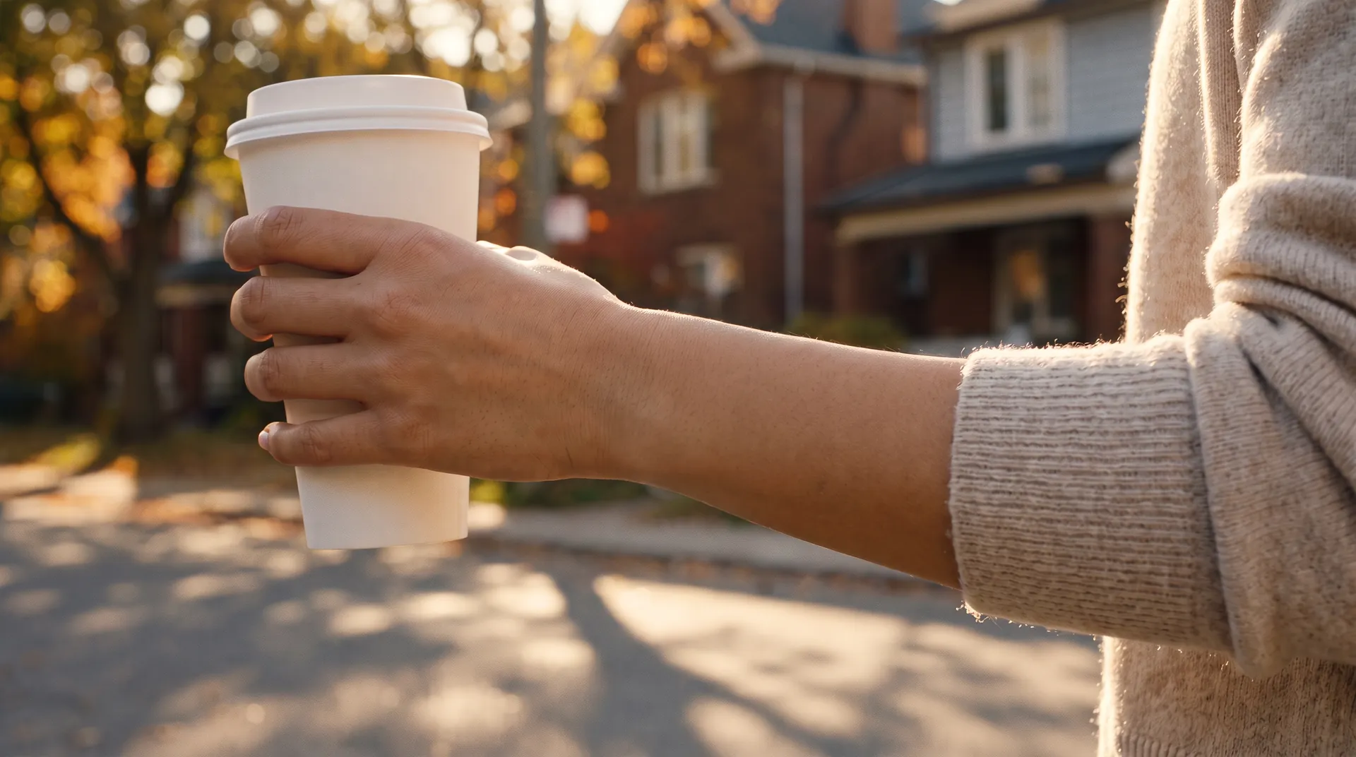 Holding a coffee on an autumn walk.