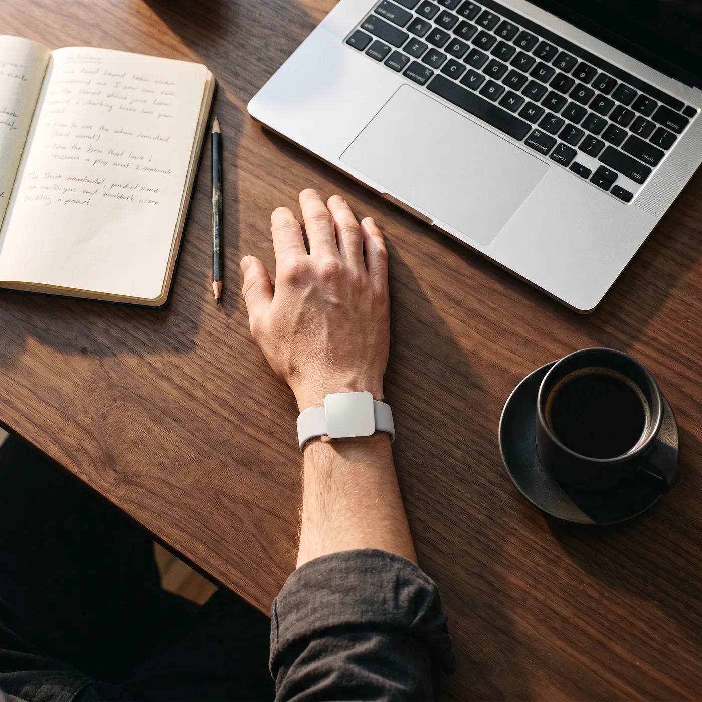 A wrist wearing Boo resting on a desk beside a laptop, a notebook and coffee.