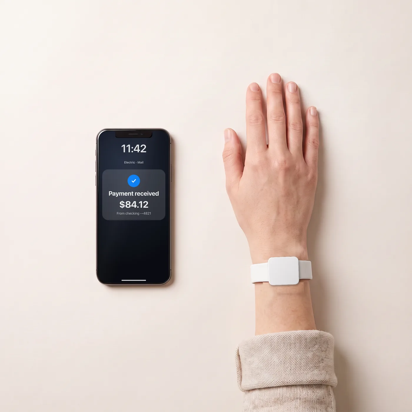 Illustration: a phone showing an example payment-received email, next to a wrist wearing Boo.