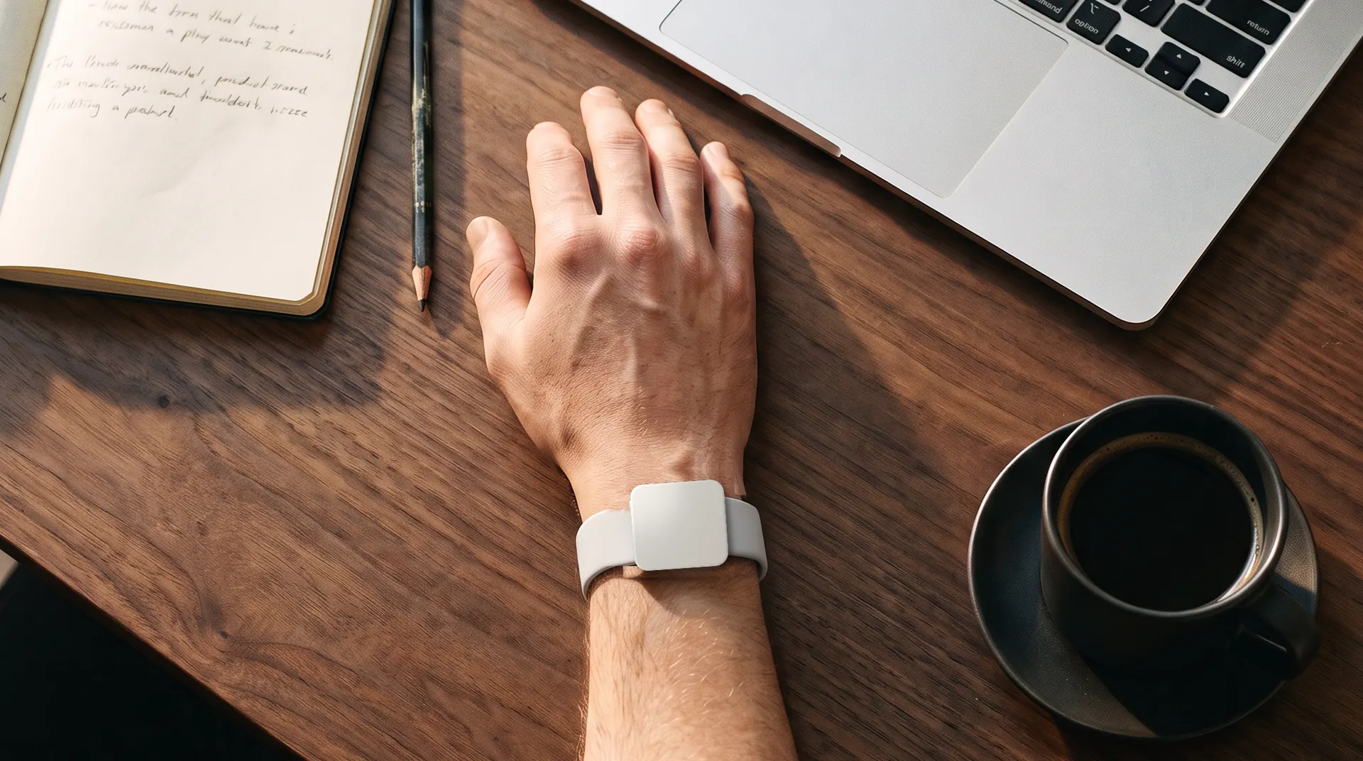 A wrist wearing Boo resting on a desk beside a laptop, a notebook and coffee.