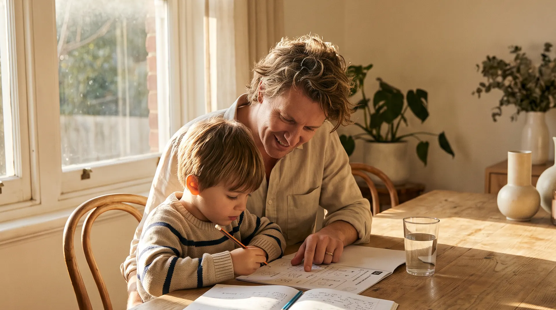 A parent helping a child with homework at the kitchen table.