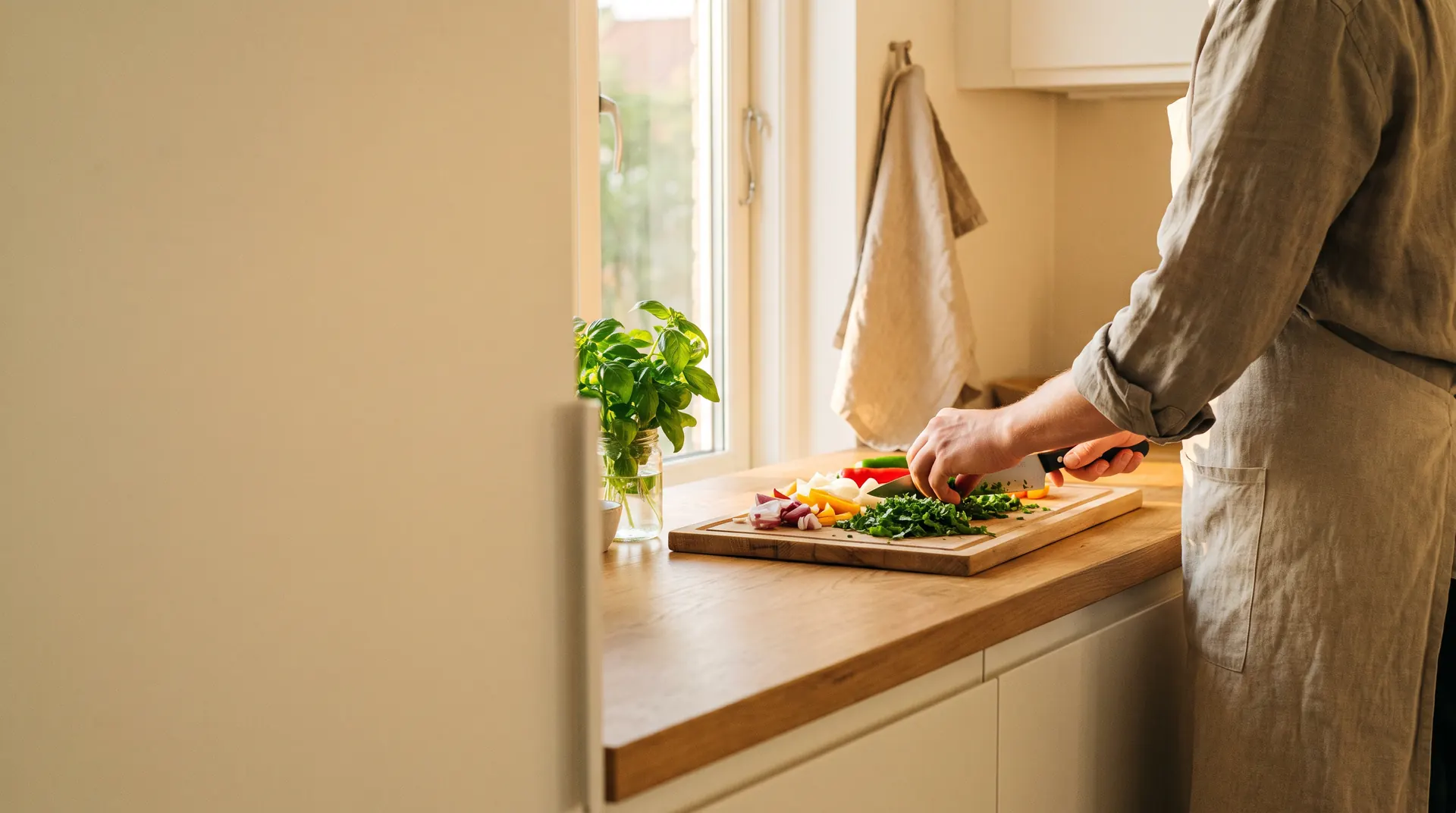 Chopping vegetables at a sunny kitchen counter.