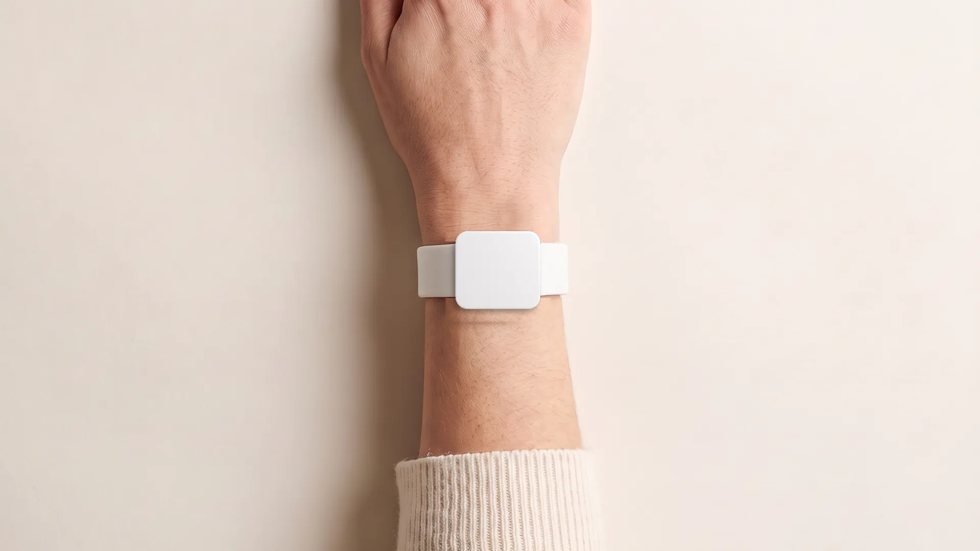 Boo on a wrist, seen from above: a slim white module on a soft white strap.